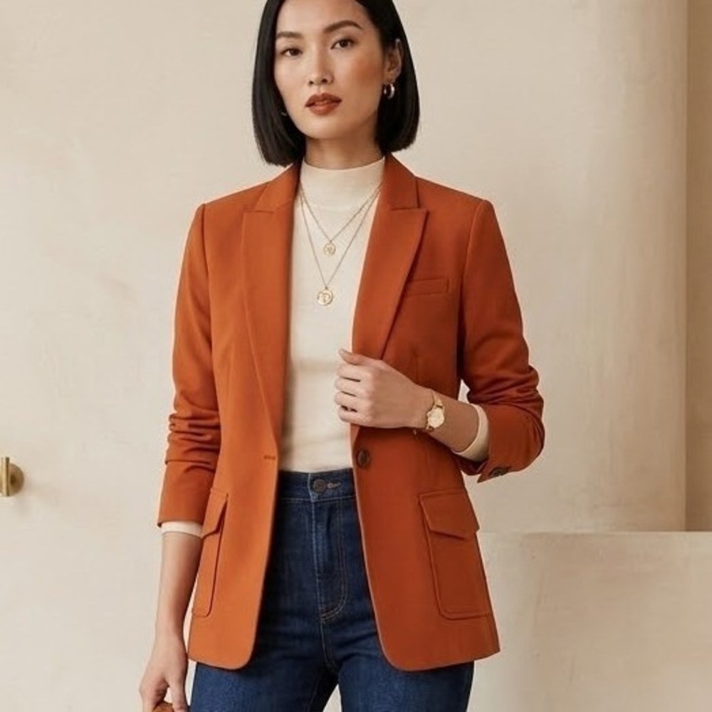Calvin Klein Women 10 Burnt Orange Single Button Lined Structured‎ Blazer Jacket